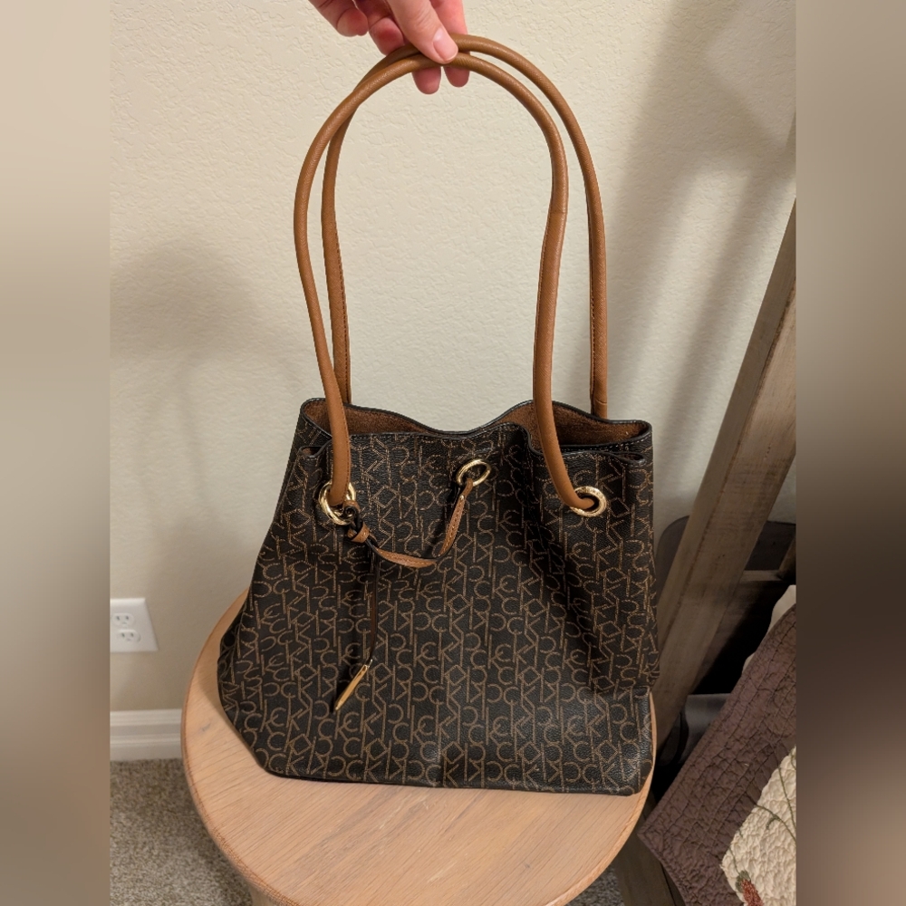 Calvin Klein Black and Tan Monogram Shoulder Bag